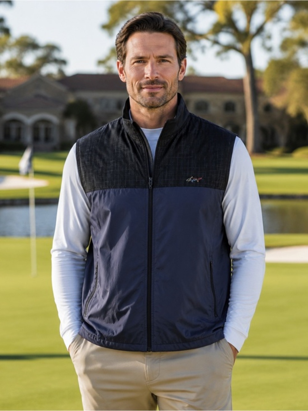 Greg Norman for Tasso Elba Men’s XL Navy Black Golf Vest Full Zip Shark Logo